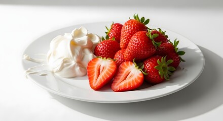 Fresh ripe strawberries with whipped cream on a white plate isolated on white background