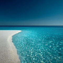 Fototapeta premium Minimal tropical beach landscape with white sand bar and crystal clear turquoise water under deep blue sky, serene coastal travel background