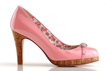 Pink Patent Leather Heel with Cork Heel and Platform plus Floral Interior Detailing