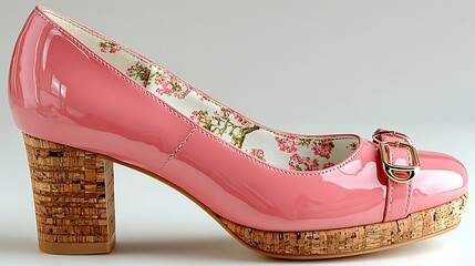 Pink patent leather high heel pump shoe with cork platform and floral lining