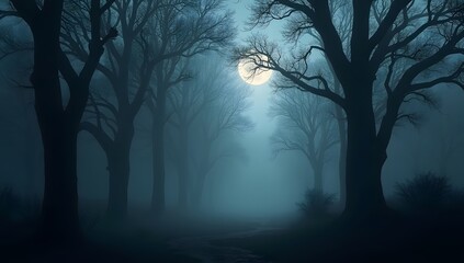 Silhouette of dark foggy forest isolated