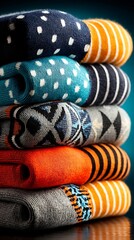Stacked colorful patterned socks close up featuring polka dots, stripes, and geometric designs