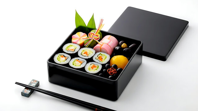 Minimalist, a Japanese osechi-ryori New Year's dish, 'Kobumaki' (kelp rolls) stuffed with cabbage and fish paste, arranged precisely in a black lacquer jubako box 
