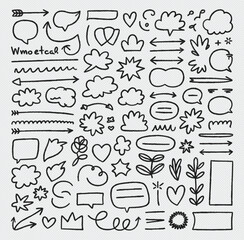Set of hand-drawn doodle elements including hearts, stars, lines, sparkles, and smiley faces. Perfect for social media, notes, and scrapbooking