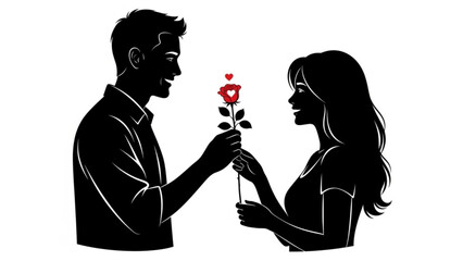 Man giving red rose to woman in romantic gesture
