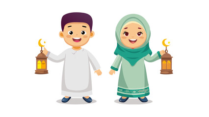 Vector characters of a young boy and girl in traditional Islamic dress (Thobe and Hijab) smiling and holding lanterns.
