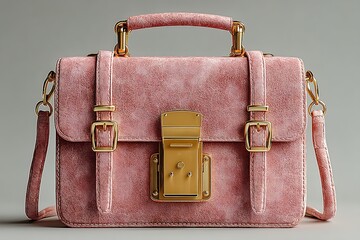 Stylish pink leather satchel handbag with gold accents, top handle and adjustable shoulder strap