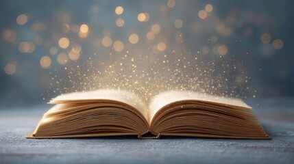 An Open Book Surrounded by Soft Shimmering Particles Against a Beautiful Bokeh Background