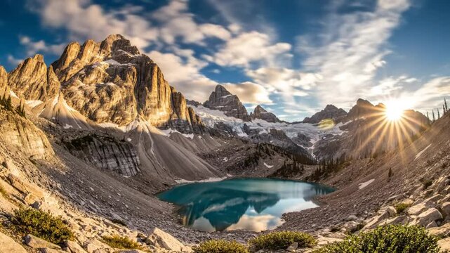 Epic time lapse of sunrise over turquoise alpine lake reflecting snow capped mountains under a blue sky