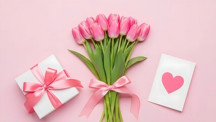 Happy mother's day bouquet of pink tulips with gift and heartfelt card