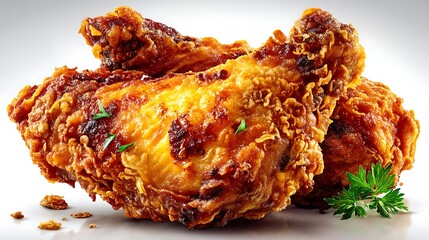 Three pieces of crispy, golden fried chicken, seasoned, garnished with parsley on a white surface