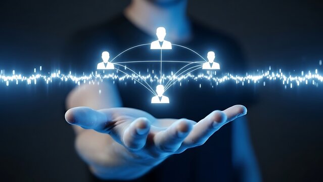 A person interacting with glowing digital icons representing connections and networks - Powered by Adobe
