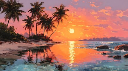 Tropical sunset reflection painting with palm trees along sandy beach coastline vista