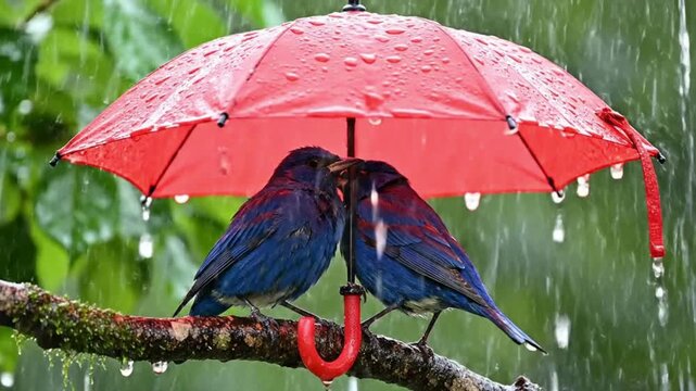 Two blue birds share a tender moment under a vibrant red umbrella during a gentle rain shower.