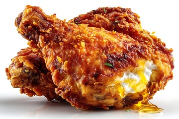 Two pieces of crispy fried chicken on a white surface with honey sauce drizzle