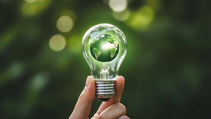 Hand holding a light bulb with a green earth inside, symbolizing ecofriendly ideas and sustainable living concepts