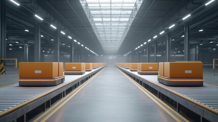 Fototapeta premium Advanced Fulfillment Center with Automated Mobile Robots Navigating Conveyor System for Efficient Logistics Operations