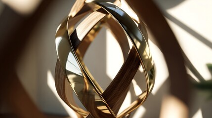 Abstract sculptural form of reclaimed wood and polished metal intertwining with warm light and shadow
