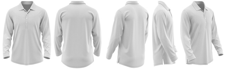Polo Shirt Long Sleeve with Extended Placket, Sport Style, Mockup Ready, White Color 