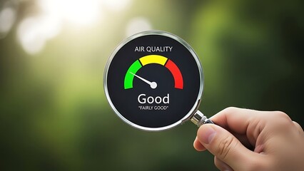 Hand holding air quality gauge with good rating outdoors in nature with blurred background