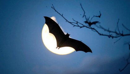 Bat silhouette against a bright moon in the night sky.