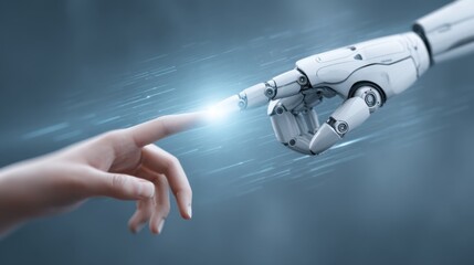 Human Hand Reaching for a Robotic Hand in a Surreal Abstract Scene of Connection and Technology