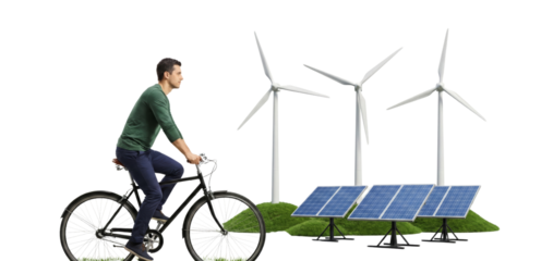 Man Riding Bicycle Near Wind Turbines and Solar Panels - Renewable Energy Concept
