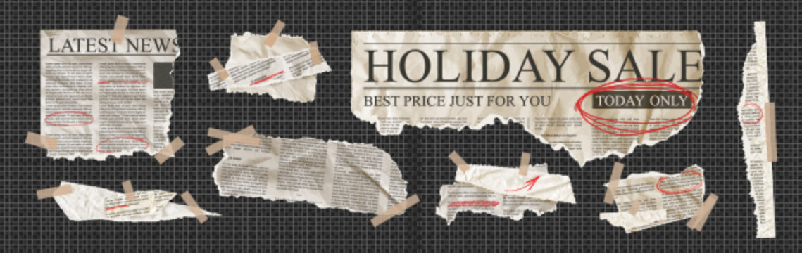 Scrapbook kit with old newspaper texture and torn paper cut outs. Features rip news page headlines, collage tape, and PNG elements. Perfect for vintage projects, antique scrapbooks or collage designs.