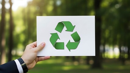 Person holding a white card with a green recycling symbol in a natural outdoor setting with trees and grass