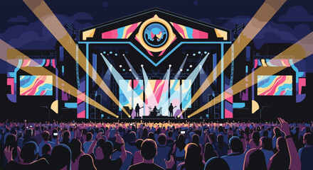 Illustration of a lively concert crowd watching a band perform on stage with colorful lights and screens in the background.
