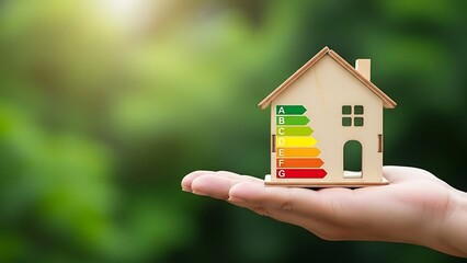 Hand holding a small house model with energy efficiency rating chart on side outdoors in nature
