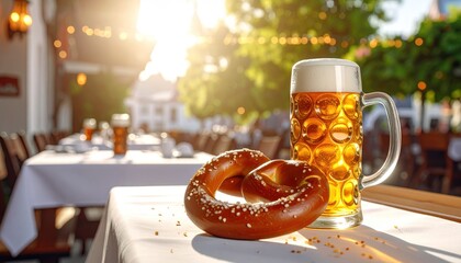 Beer and pretzel on a table in a restaurant setting.
