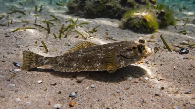 Close up view of a camouflaged flatfish resting on the sandy seabed of the ocean with scattered seaweed.