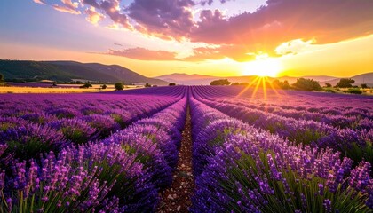 Beautiful Lavender Field at Sunset with Golden Sun Rays.