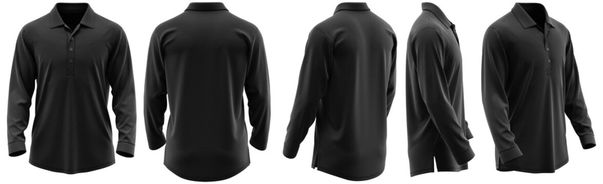 Polo Shirt Long Sleeve with Extended Placket, Sport Style, Mockup Ready, Black color 