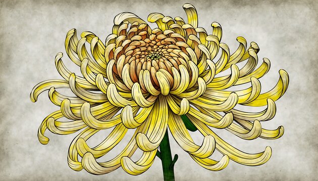 Chrysanthemum kiku flower with layered petals in vibrant yellow color, symbol of traditional Japanese elegance, natural beauty ideal for floral, culture, and design concepts.