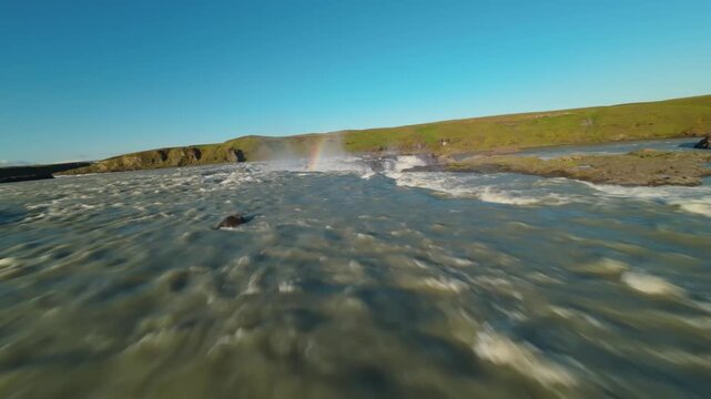 Cinematic Drone Flight OverGullfoss Waterfall with Ranbow in Iceland
