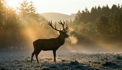 deer in the forest at winter sunrise