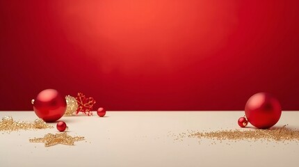 Festive red Christmas background featuring shiny gold baubles and decorative ornaments with elegant ribbons for a celebratory holiday winter season greeting card