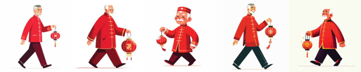 vector of a grandfather walking carrying a Chinese New Year lantern