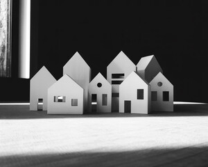 Miniature White Houses in Black and White village architecture