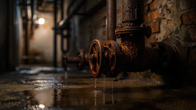 Rusty leaking valve on old industrial pipe in dark basement, damp underground room with dripping water, corrosion problem, plumbing failure, urban decay, emergency repair, pipe system breakdown