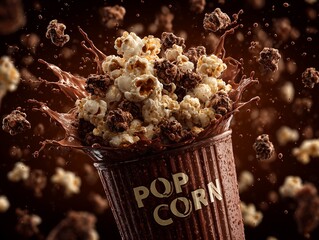 Dynamic chocolate splash explosion with crunchy popcorn flying out of bucket for premium snack advertisement concept