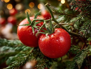 Fresh organic vine tomatoes hanging on pine tree branch with festive bokeh lights background for winter holiday food decoration concept