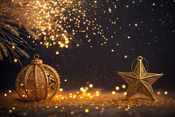 Golden Christmas background with glowing stars and festive holiday decorations in warm golden light