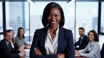 Confident businesswoman leads a diverse team in a modern office boardroom setting showcasing leadership success and collaboration with a professional optimistic vibe
