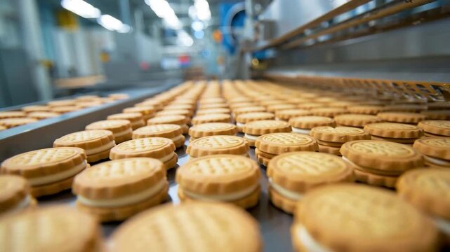 High speed sandwich cookie production on smart conveyor in modern food processing facility mass scale biscuit manufacturing with automation robotics foodtech FMCG industry background quality control