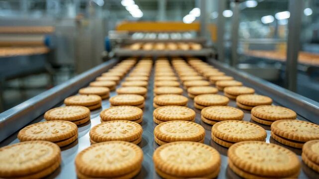 Freshly baked biscuits on production line, industrial baking process, automated cookie factory, mass production bakery, confectionery manufacturing equipment, food processing industry