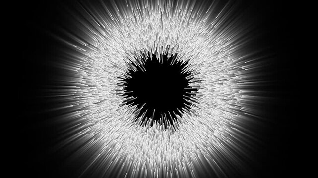 Abstract white glowing radial particle rays bursting from center on black background
