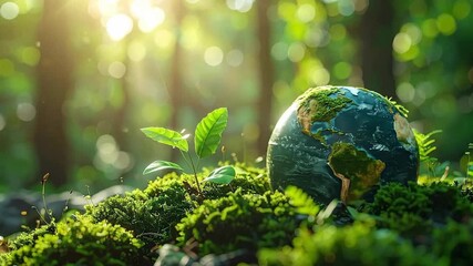 Green sprout growing next to a globe in a lush forest environment.